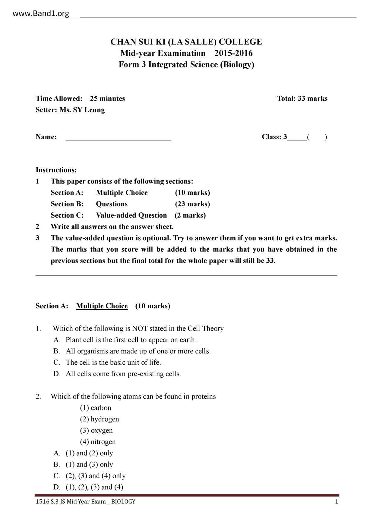 F3Biology試卷