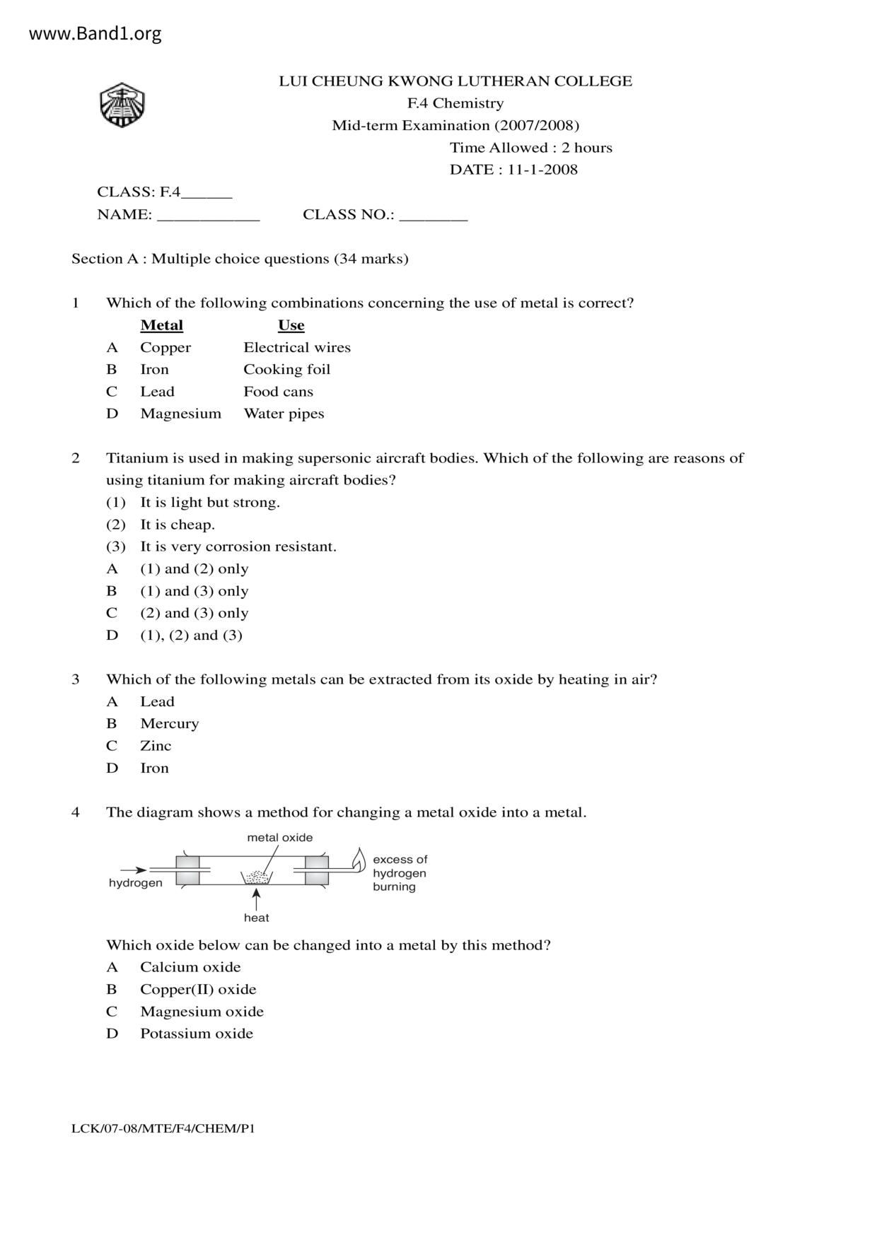 F4Chemistry試卷